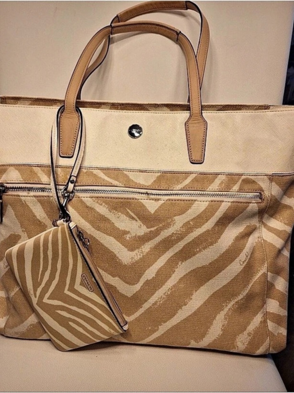 Coach Park Metro Zebra Tote in camel Brown & White with gold shimmer